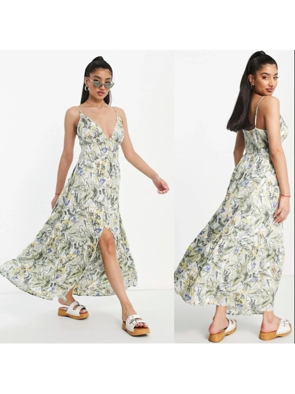Abercrombie & Fitch Plunge Floral Maxi Dress in Green and Cream